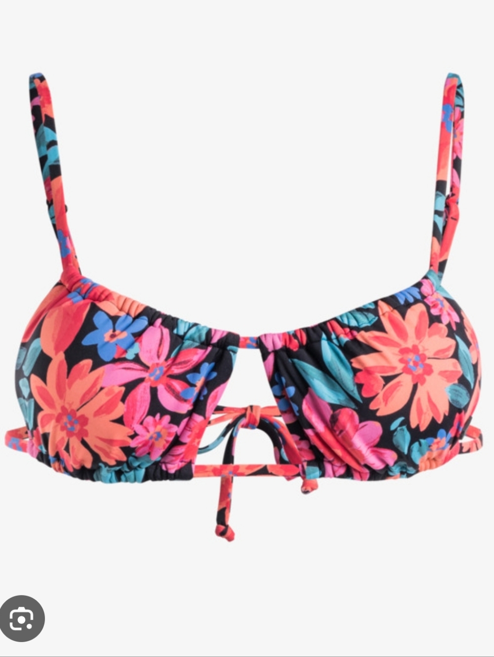 Roxy Floral Tie-Front Bikini Top - Black, Pink & Blue
